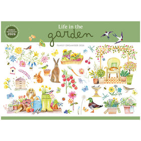 Calendar cover titled 'Life in the Garden' with garden-themed illustrations on a white background.