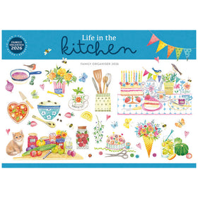 Calendar cover titled 'Life in the Kitchen' with various kitchen-themed illustrations and a blue banner at the top.