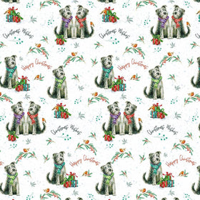 Christmas wrapping paper with dogs, robins, holly and presents on a white background.