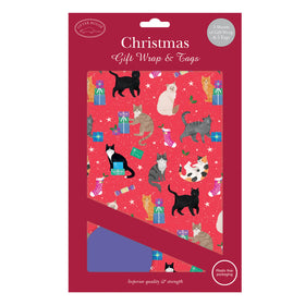 Christmas gift wrap and tags with image of cats and presents on a white background.
