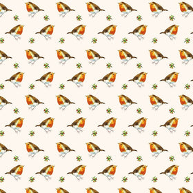 Pattern of Christmas robins and holly leaves on a white background