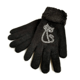 Black gloves with a decorative cat emblem on a white background