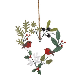 Decorative hanging ornament with robin birds and foliage on a white background