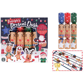 Christmas crackers in a box with Rudolph the reindeer and a picture of a race tract with a gold cup.