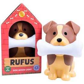 Red box with dog holding a bone mood light on a white background.