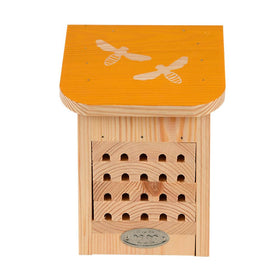 Wooden shelter with an orange roof with two bees on a white background.