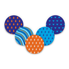 Five circular stickers with blue and orange patterns on a white background