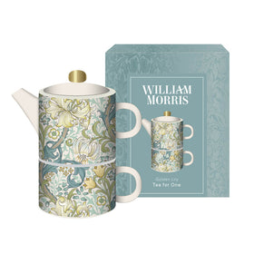 A William Morris Golden Lily Tea for One set which includes a stackable teapot and cup, displayed alongside its packaging box.