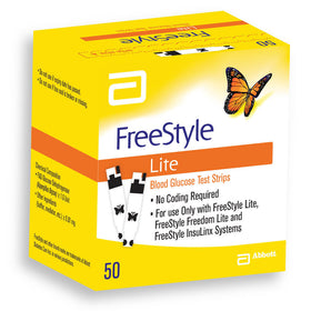 A pack of 50 FreeStyle Lite Blood Glucose Test Strips available at the Diabetes UK shop to help you check your blood sugar levels. Compatible with the FreeStyle Lite, FreeStyle Freedom Lite and FreeStyle InsuLynx Systems.