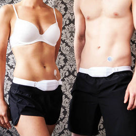 Two people wearing white HID-In Multiway Body Bands around the waist, shown securing diabetes medical devices like insulin pumps