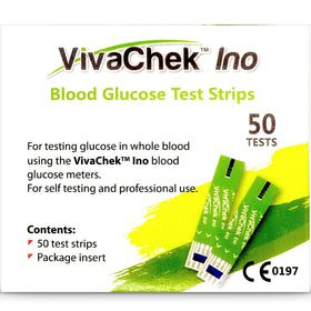 A pack of 50 VivaChek Ino Blood Glucose Test Strips available at Diabetes UK to help you check your blood sugar levels. Compatible with the VivaChek Ino blood glucose meters.