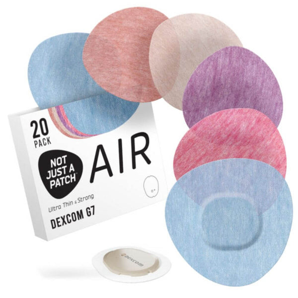 Pack of Dexcom G7 patches in various colors with a box labeled 'Not Just a Patch'.