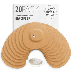 20-pack of Dexcom G7 monitoring patches on a white background