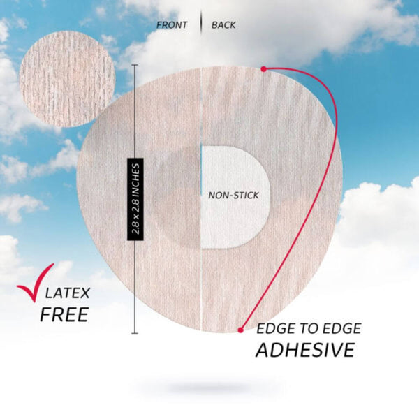 Circular adhesive patch with measurements and text on a sky background