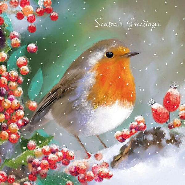 Red-breasted Robin perched on a tree branch with red berries Christmas Card 2025