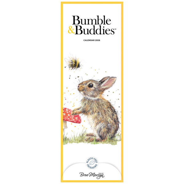 Slim calendar with an image of a bee and a rabbit on a white background.