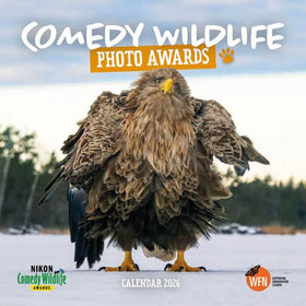 Comedy wildlife photo award calendar with an eagle and trees blurred out in the background.