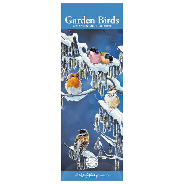 Garden Birds calendar with birds on a branch against a blue snowy background
