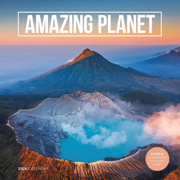 Calendar cover with a mountain and crater lake, featuring the text 'Amazing Planet' and '2026 Calendar'.