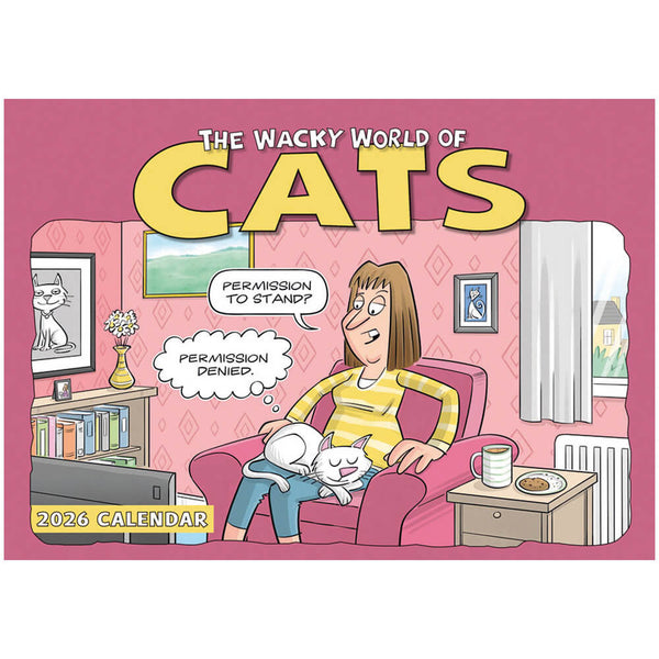 Calendar with a cartoon cat and person with a pink background.