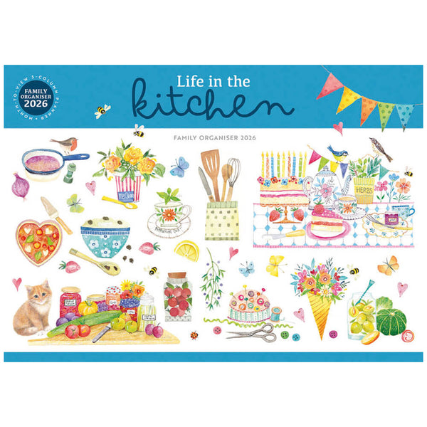 Calendar cover titled 'Life in the Kitchen' with various kitchen-themed illustrations and a blue banner at the top.