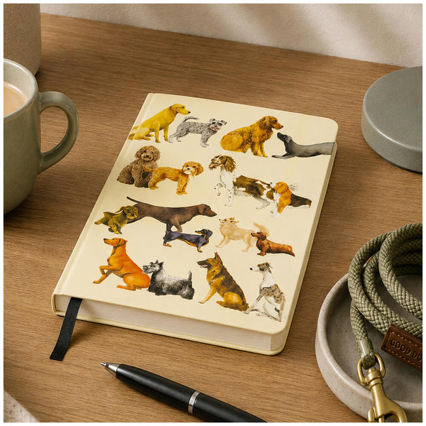 A cream-colored hardcover notebook with a colorful illustration of various dog breeds on the cover, styled on a wooden desk next to a mug, a pen, and a coiled leash.