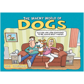 The Wacky World of Dogs Calendar 2027 with two caricatures of a man and woman and a dog sitting on a brown settee. Blue and white background. 