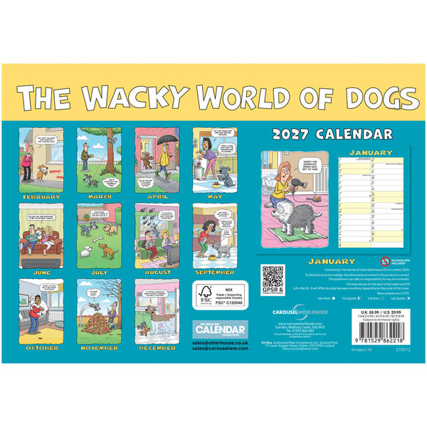 The back cover of the 'The Wacky World of Dogs 2027 Calendar' featuring colorful cartoon dog illustrations on a teal background with a yellow header.