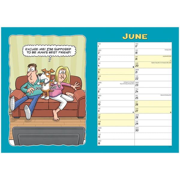 A novelty calendar page for June featuring a cartoon couple and dog on a couch next to a fill-in-the-blank daily reflection journal page.