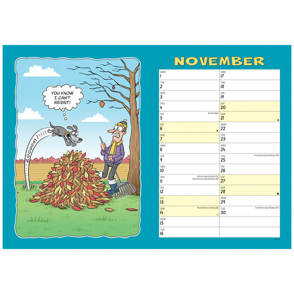A novelty calendar featuring a cartoon man and a dog jumping over a pile of leaves on a blue and white background.