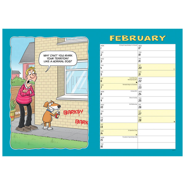 A February wall calendar page featuring a cartoon scene on the left with a woman and dog near a brick house, and a numbered calendar grid on the right under the title 'FEBRUARY'.