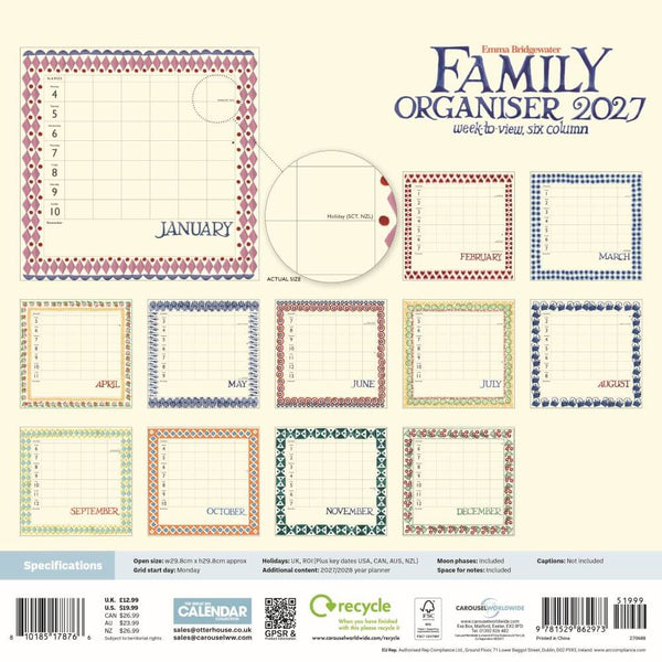A 2027 family planner page set by Emma Bridgewater, featuring 12 different monthly grids in various colorful patterns on a cream background, with specifications and barcode details at the bottom.
