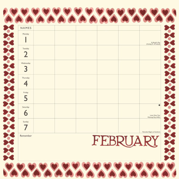 A heart themed daily planner page for February, featuring a cream-coloured grid with columns for days of the week, a names section on the left, and a decorative border of red and pink hearts around the edges.