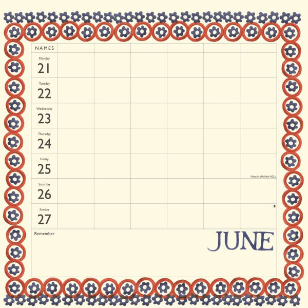 A monthly calendar grid for June with a decorative border. The page has columns for names and days from Monday through Sunday.