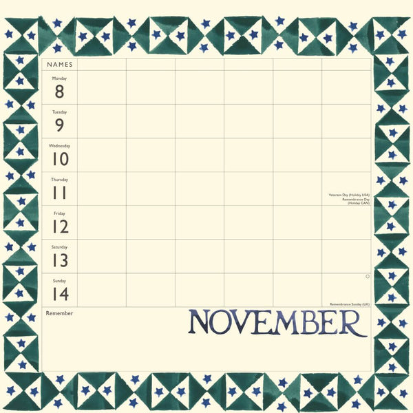 A planner for the month of November showing days of the week from 8 to 14 November. Decorative blue border on a cream background.