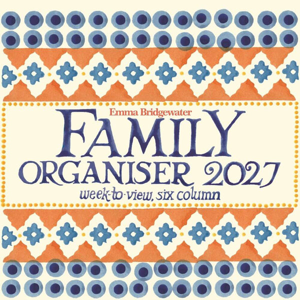 An Emma Bridgewater family organiser for 2027 with a brown, blue and white design. With week to view six column detail. 