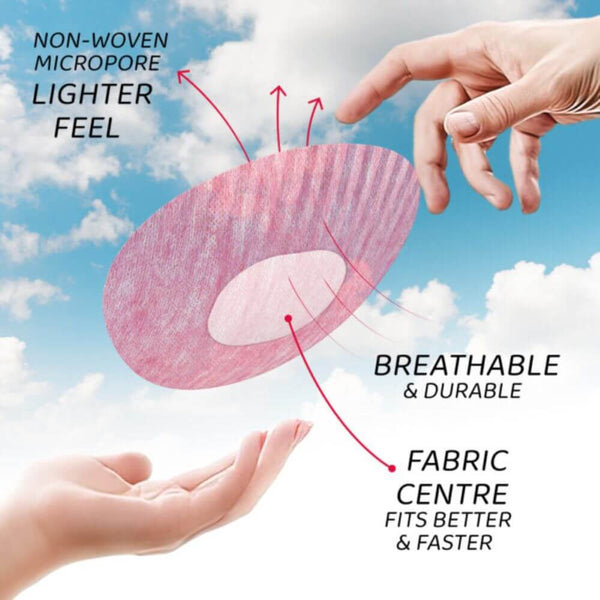 Fabric product with hands against a cloudy sky background, highlighting features like non-woven micropore feel and breathable durability.