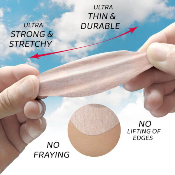 Hands showing the stretch-ability of the patch 