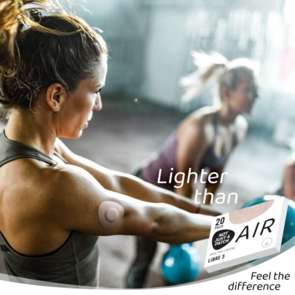 Two women exercising with a box displaying the AIR patch for libre 3 