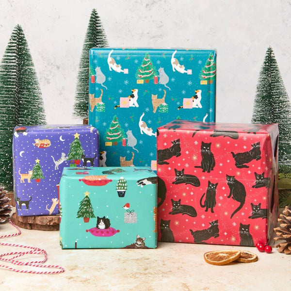 Christmas gift wrap featuring cats on purple, blue, turquoise and red paper with Christmas trees on  a white background.