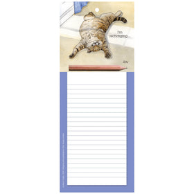 Notepad with a cat illustration and text on a white background