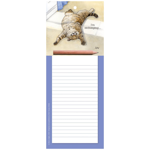 Notepad with a cat illustration and text on a white background