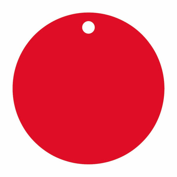A solid red circular tag or ornament with a small white hole near the top edge, shown on a plain white background.