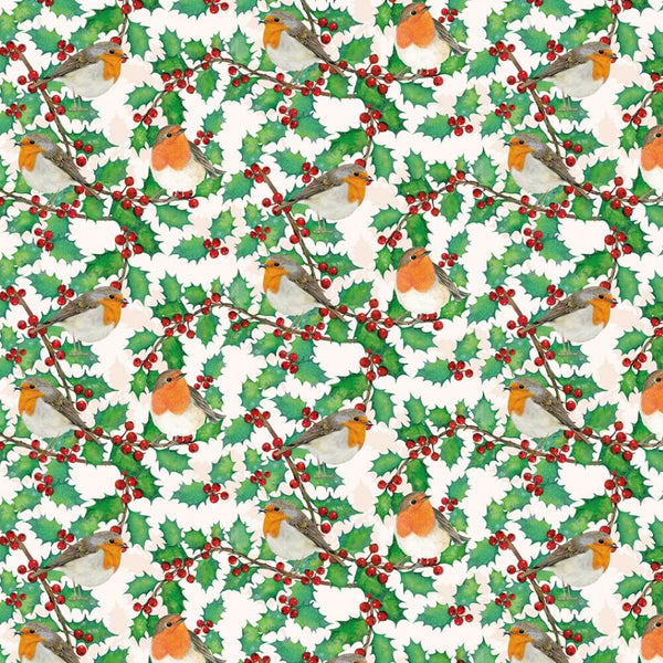 A repeating Christmas pattern featuring robin birds, green holly leaves, and red berries on a white background.