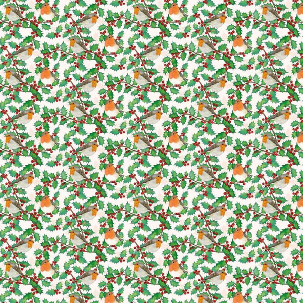 A repeating Christmas-themed pattern featuring green holly leaves, red berries, brown branches, and robins on a white background.
