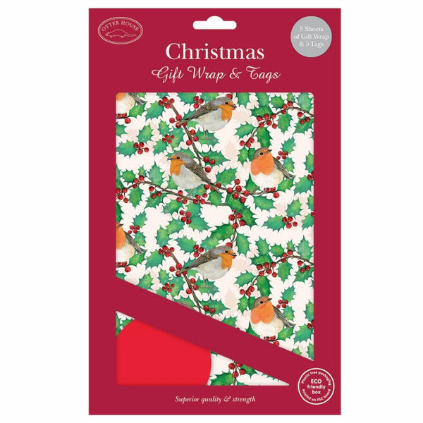 Christmas Gift Wrap & Tags in a box, featuring a festive pattern of robin birds, holly leaves, and red berries on a cream background, with a red gift tag sample shown at the bottom.