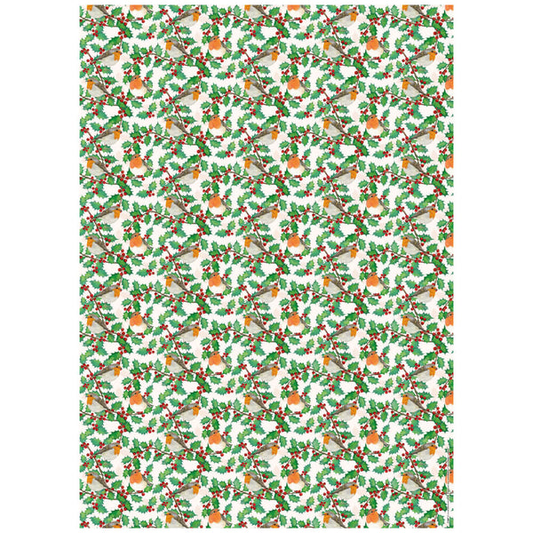 A rectangular sheet of wrapping paper featuring a repeating Christmas holly and robins pattern with red berries, on a white background.