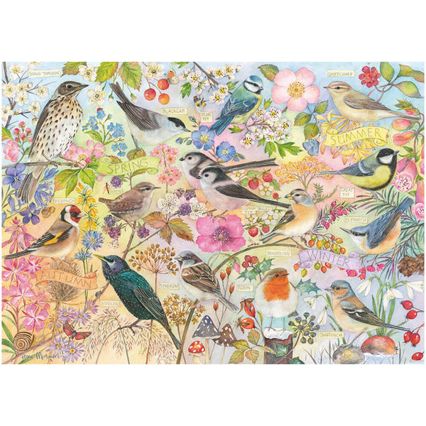 A square image featuring a dense, colourful illustration of various birds among flowers, leaves, berries, and small wild plants. The scene is highly detailed with many illustrated species and small text labels, set against a white border background.