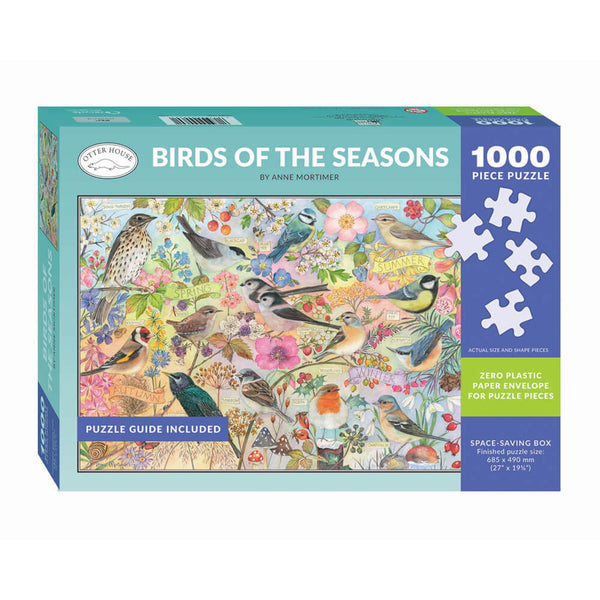 Multicoloured 1000 piece puzzle featuring birds and flowers on a light and dark blue box with a white background.