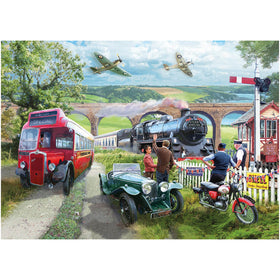 Vintage vehicles including a red bus, green car, and motorcycle with a scenic background featuring a train and viaduct.